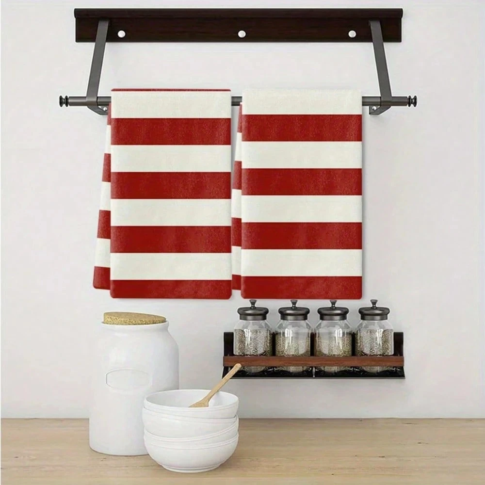 2-Pack Modern Red White Striped Towels | Retro Design | Soft Absorbent | Multi-Use as Hand Towel/Tea Towel/Cleaning Cloth