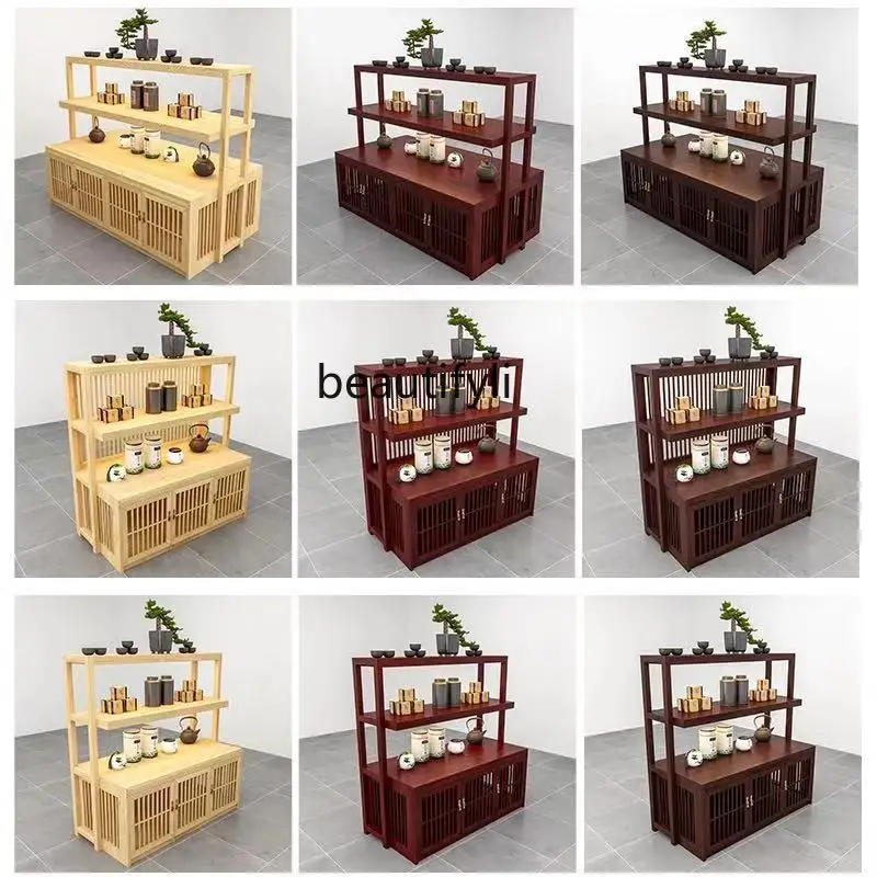 Massief Hout Retro Zhongdao Showcase Theekast Dubbelzijdig Display Plank Multi-Layer Display Rack