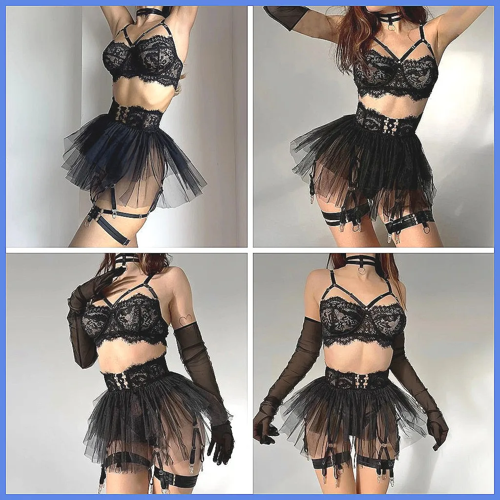 

Sexy Lingerie Set Sheer Lace Bra & Ruffle Skirt with Gloves for Boudoir