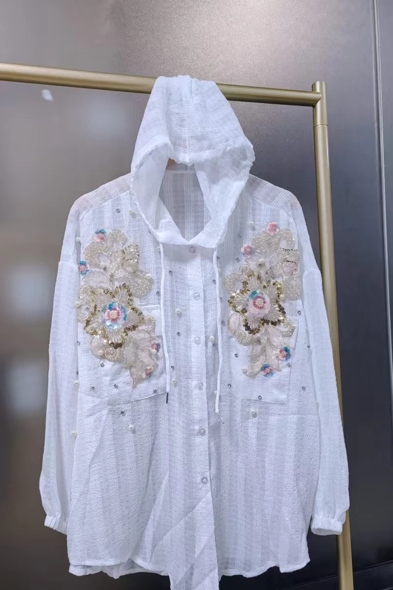 High-end 2025 Spring Summer Luxury Hooded Oversize Shirts Blouses Women's Loose Casual Y2K  Tops Korean Popular Woman Clothing