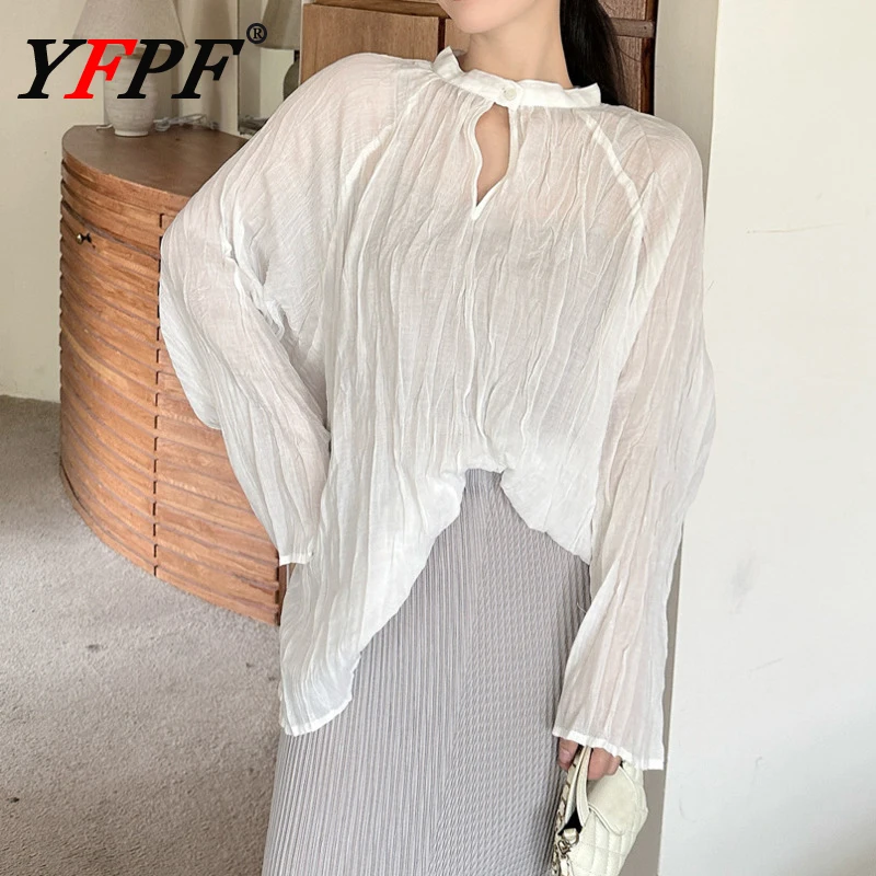 

YFPF Fashion Summer Sunscreen Women Folds Blouse Solid Color Hollow Out Long Sleeve Shirt Casual 2025 New Clothing 3A290