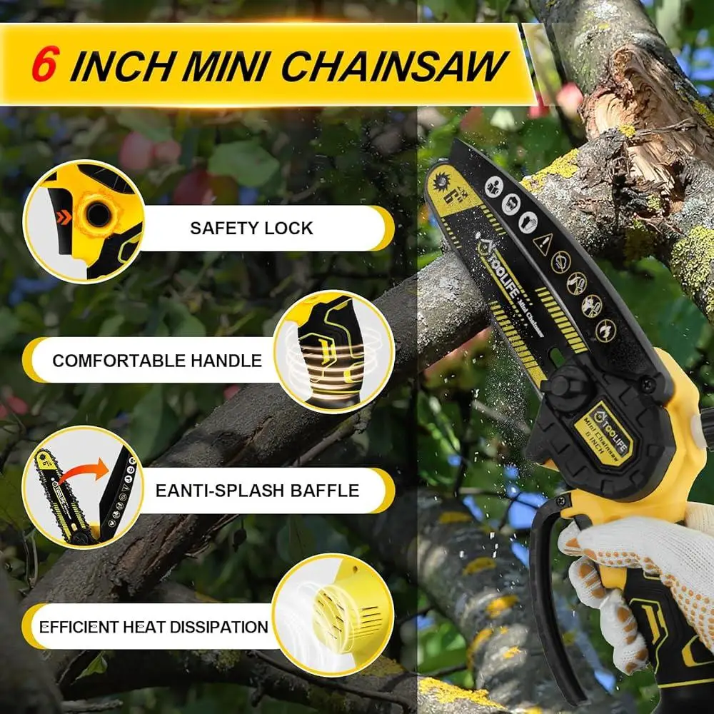 Cordless Mini Chainsaw 6 Inch Electric Tree Trimmer with 2 Batteries Auto Oiling System Lightweight Portable Wood Cutter