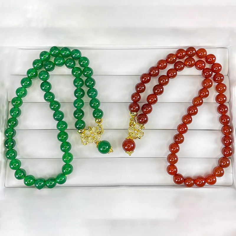 Natural Chalcedony Ice Jade Necklace for Women Green Red Beads Gemstone Pendant Jewelry
