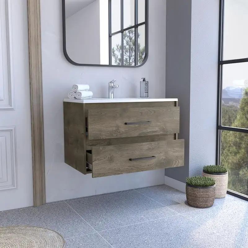 حوض فانيتي عائم مع درجين، لمسة نهائية باللون البني الداكن والأبيض #2