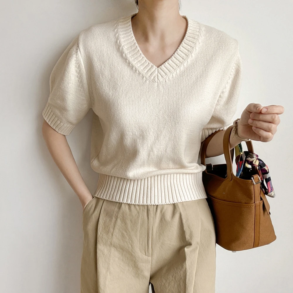 

Свободный женский вязаный свитер V-Ne ort Sve в Корейском стиле, повседневный однотонный удобный топ для поездок на работу