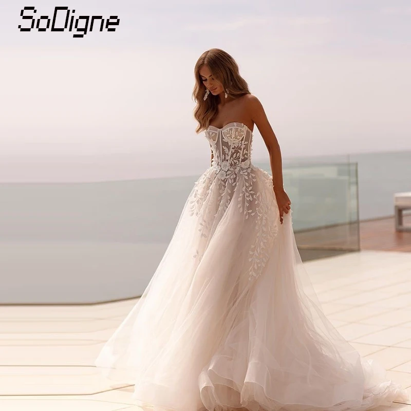 

SoDigne A-line Tulle Wedding Dresses Sweetheart Lace Appliques Bridal Dress Sleeveless Long Bride Gown vestidos de novia ﻿