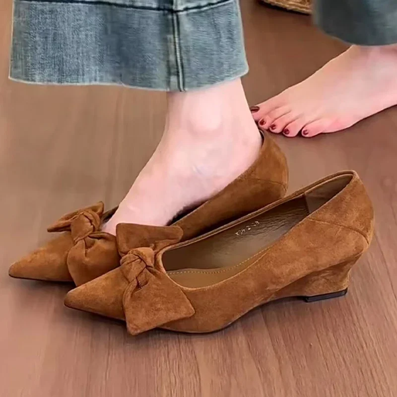 

Wedges Women's Shoes Bow Pointed Toe Loafers Shoes High Heels Shallow Pumps 2026 Autumn Elegant Dress Suede Casual Mujer Zapatos
