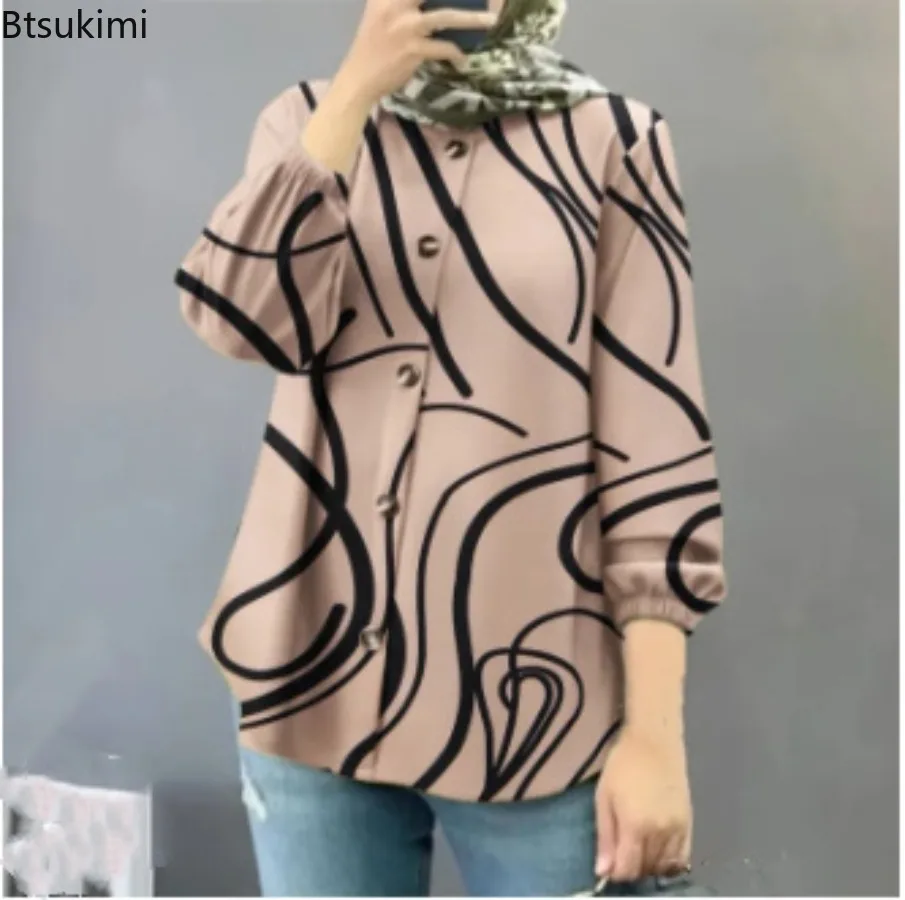 Fashion Vintage Party Work Tops Women's Muslim Loose Casual Hijab Blouse Spring Autumn Puff Long Sleeve Print Button Shirt Femme