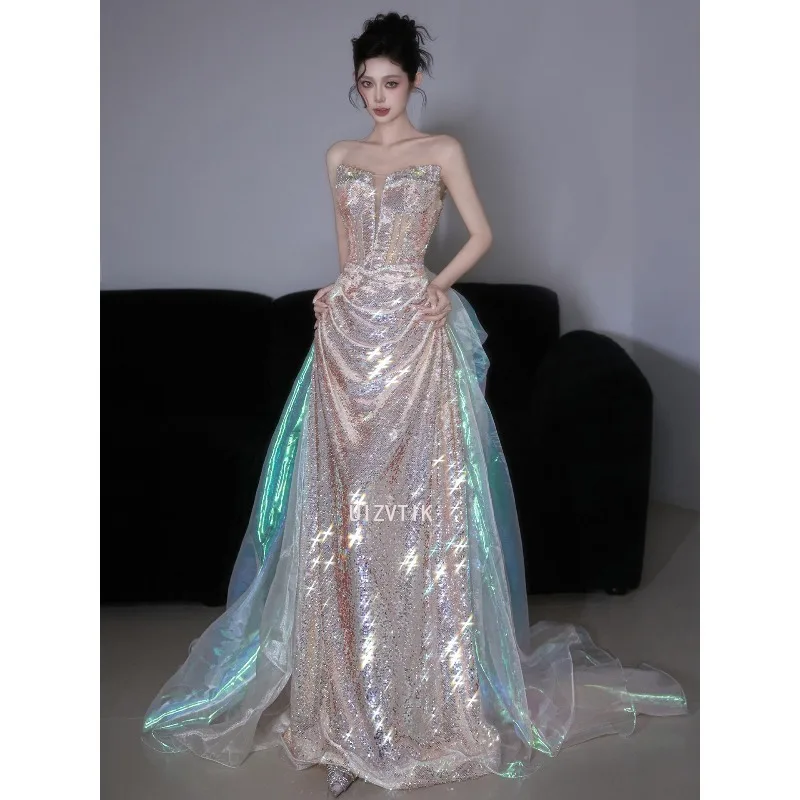 Luxo formal vestidos de festa à noite mulher sem alças lantejoulas vestido de baile com contas até o chão sereia casamento vestidos de noiva