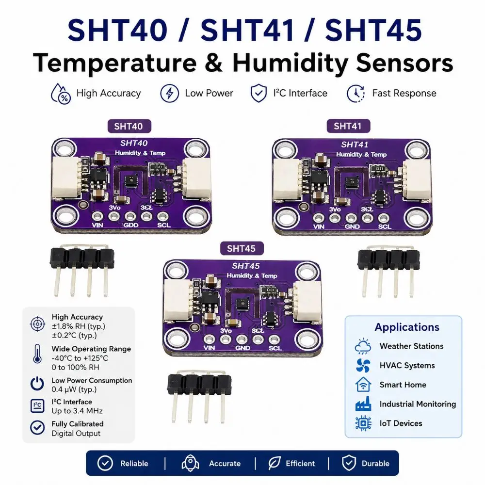 SHT40 SHT41 SHT45 Temperature Humidity Module IIC I2C 3.3V-5V Humidity Monitoring Sensor Low Power for QWIIC