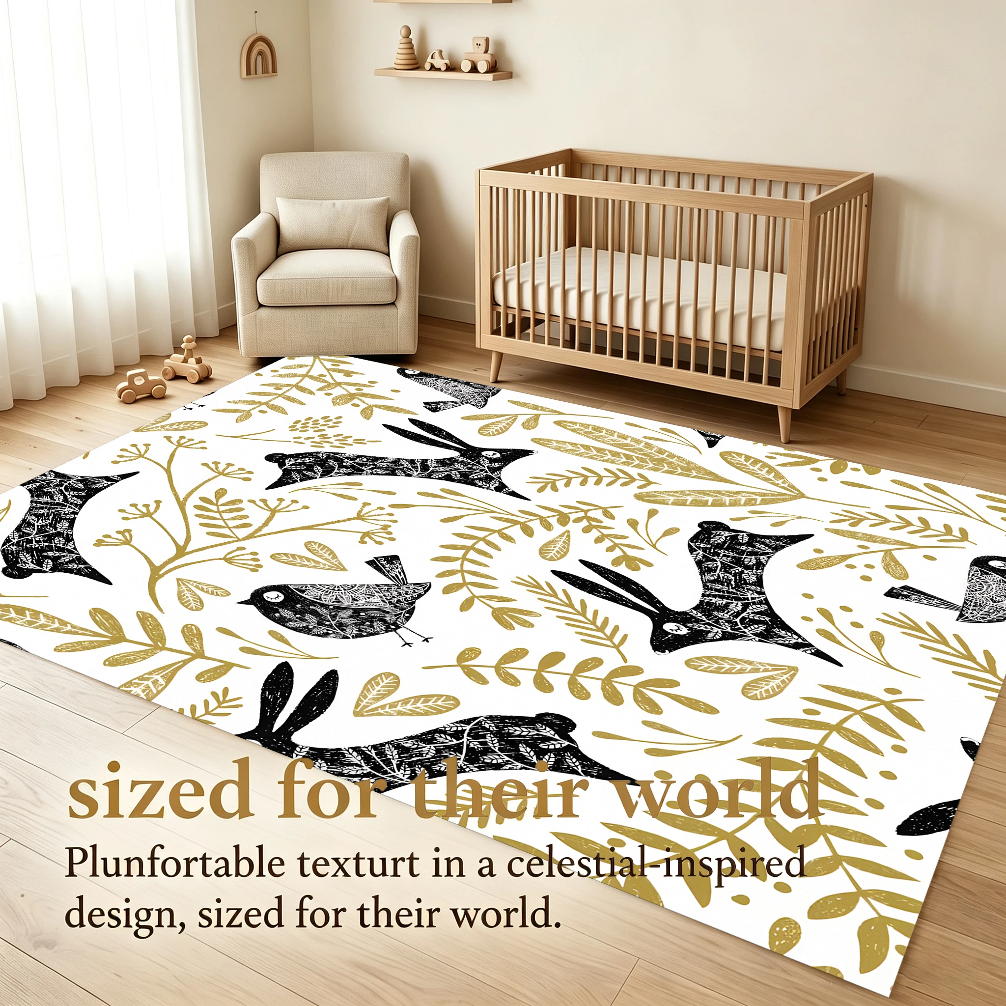 2D Large Carpet Cute Rabbit Bird Leaf Soothing Forest Style for Living Room Bedroom