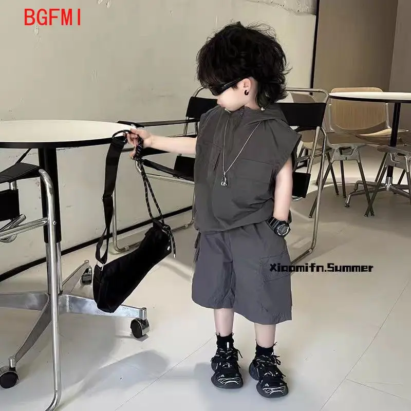 Boys Summer Children Clothing Vest 2-piece Set 2026 New Handsome Sleeveless Hooded Top Shorts Baby Outfit Set 2-10Y Kids Clothes