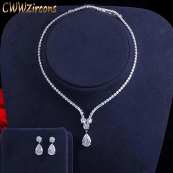 CWWZircons Fashion Cubic Zirconia Water Drop Pendant Necklace and Earrings Bridal Wedding Jewelry Sets for Brides Party T397