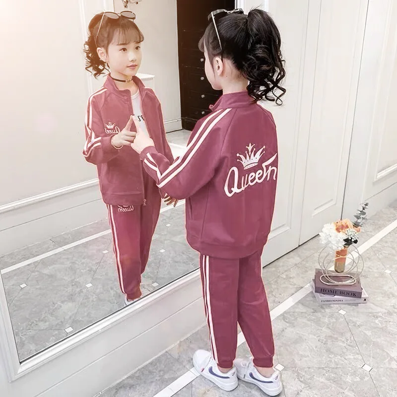 2026 teens winter autumn Girls Teenager tracksuit sport crown letter striped zipper Coat Jacket + skinny pant 5 6 7 8 9 10 year
