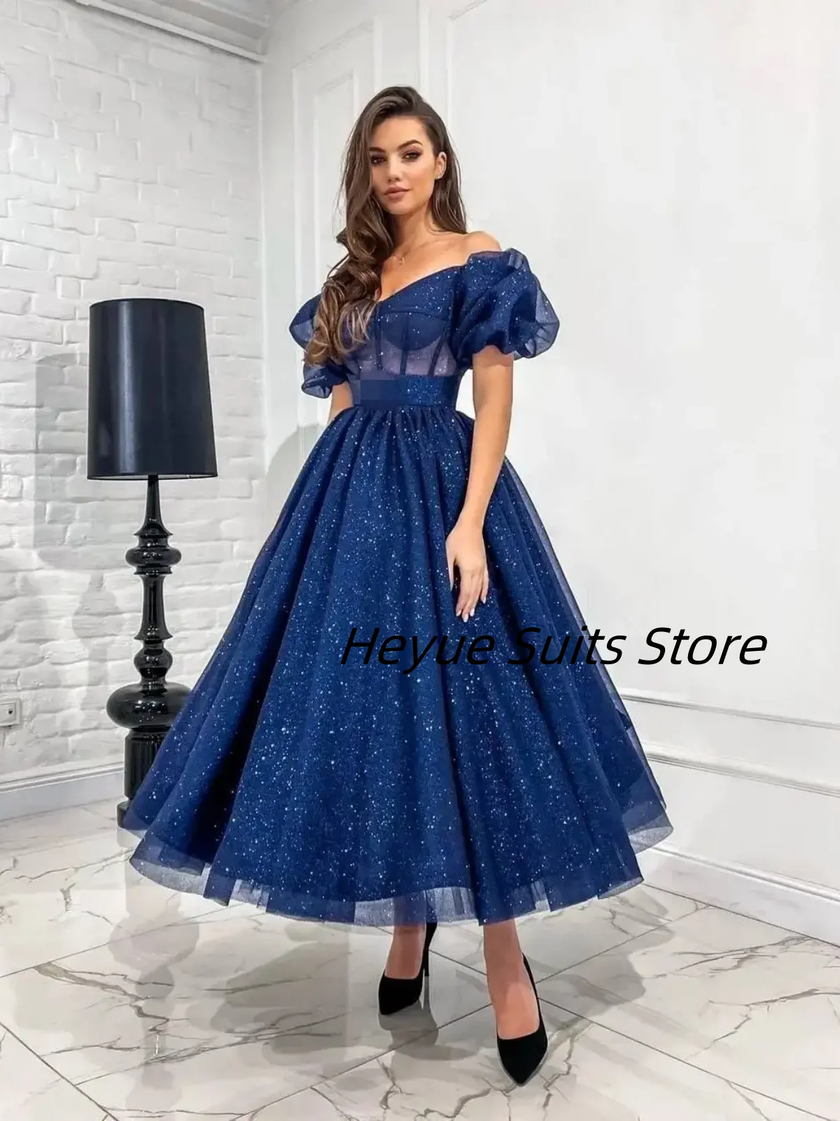 Customized Shiny Off Shoulder Prom Dresses Quinceanera Ankle Length Sweetheart Evening Puff Sleeve Backless Gowns tidos de novia