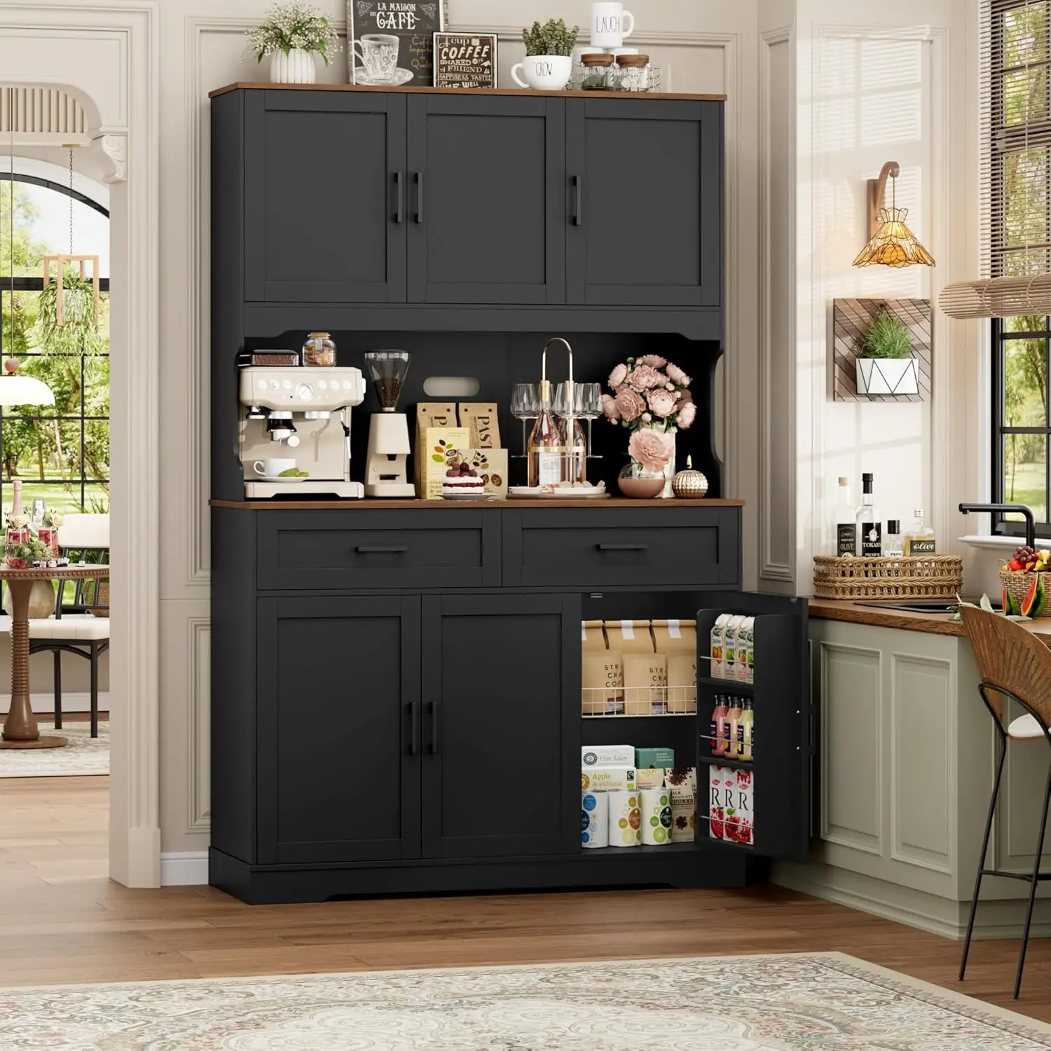 Tall Pantry Cabinet Farmhouse Storage Adjustable Shelves Hutch Countertop Microwave Stand Dining Room Black, Customized