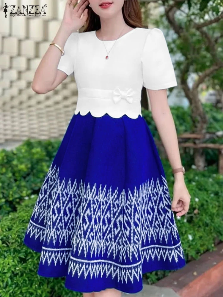 ZANZEA ฤดูร้อนแขนสั้นทํางาน Sundress ผู้หญิง Patchwork ชุด 2025 สไตล์สายพิมพ์ชุด Midi Vestido Robe