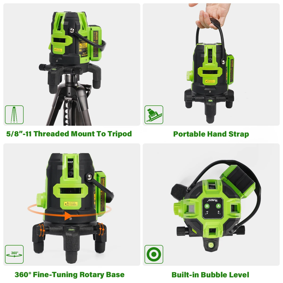 Huepar Green Multi-Lines Laser Level With Down Plumb Dot Self-Leveling Cross Line Laser Tool & 360°Rotate Base & Hard Carry Case