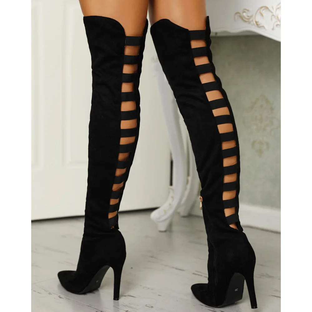 

Over 9cm Pointed Toe Super Thigh High Boots with Hollow Out Back Ladder Cutout Knee-high Stiletto Boots Winter Women Shoes