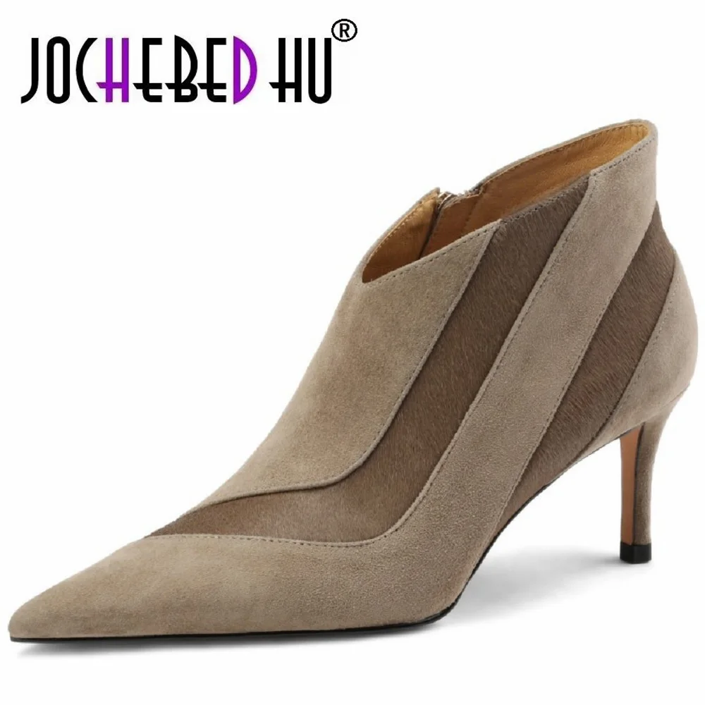 

【JOCHEBED HU】Women New Fashion Pointed Toe Suede Genuine Leather Cattle hair Stiletto Heel Pumps High Heels Formal Dress Shoes