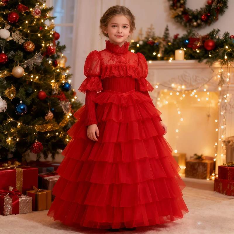 

Christmas Girls Party Dresses Gothic Red Gown For Children Xmas Clothes Cosplay Christmas Party Outfit Economic