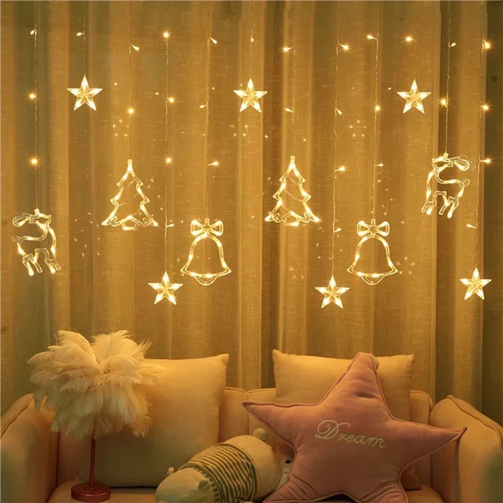 2024 ปีใหม่คริสต์มาสไฟ LED Curtain String ไฟ Fairy Garland โคมไฟสําหรับหน้าต่างบ้านห้องนอนงานแต่งงานเทศกาลตกแต่ง