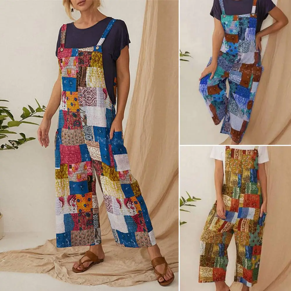 Frauen Overall Vintage Print weites Bein böhmisches Temperament locker sitzender Overall für den Urlaub