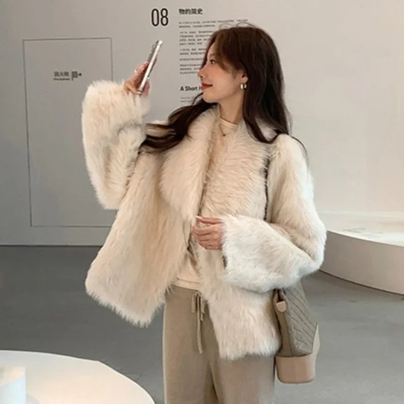 Winter New Women Temperament Faux Fur Coat Female Niche Trend Suit Collar Solid Color Outcoat Warm Casual Versatile Outerwear