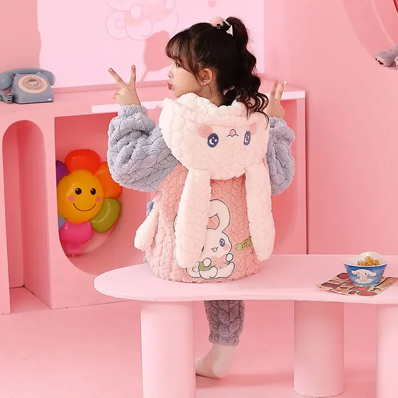 Cute Cinnamoroll cartoon kawaii pajamas for girls winter thickened hooded medium and large children's flannel home clothes