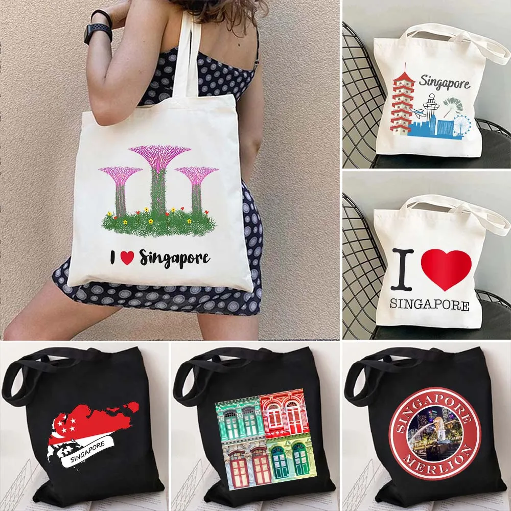 Coat of Arms Singapore Flag Map Asia Shophouse Heart Souvenir Trip Heart Watercolor Shopping Canvas Tote Bag Eco Shopper Handbag