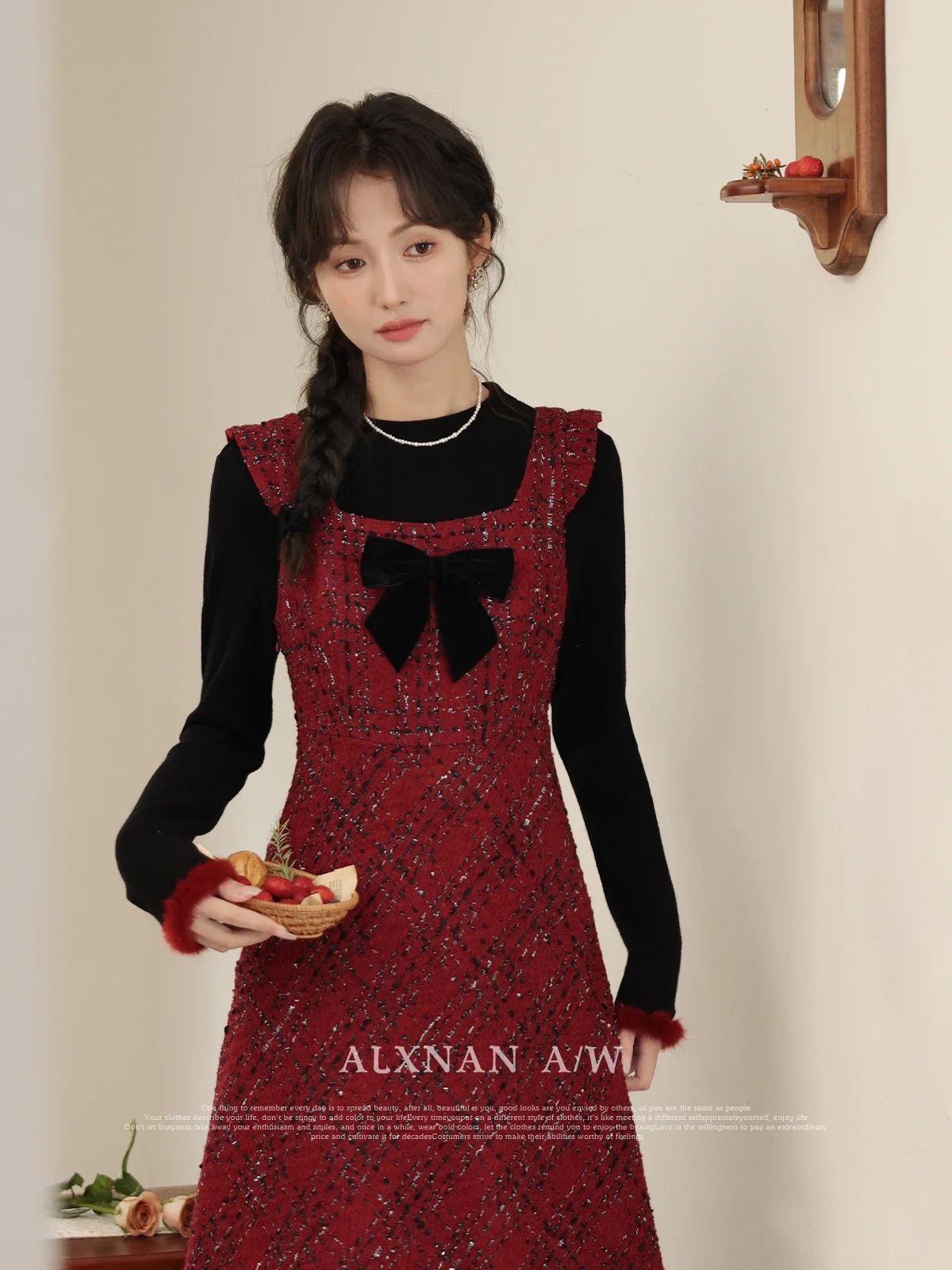 

ALXNAN Red Women's Sleeveless Tank Dress 2024 Autumn Winter Square Collar Bow Elegant A-line Midi Dresses Clothing LXN32739