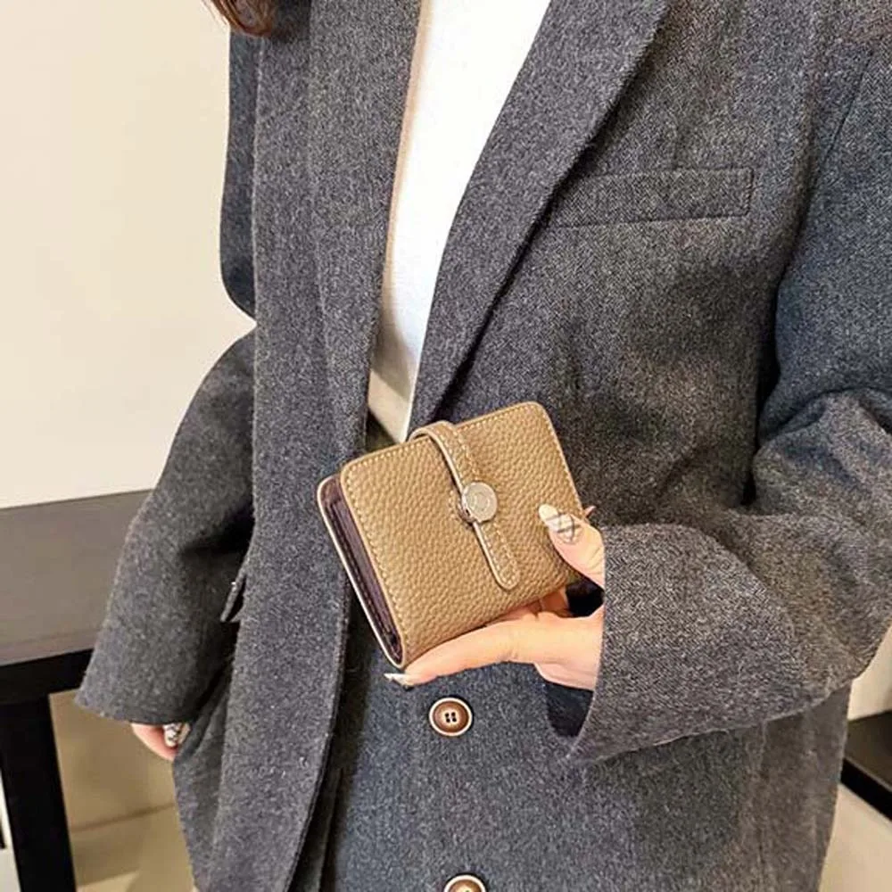 

Portable Lady Short Organ Wallet Solid Color Snap Button Soft PU Purses Anti-Splash Water Classic Style Multiple Card Bag Work
