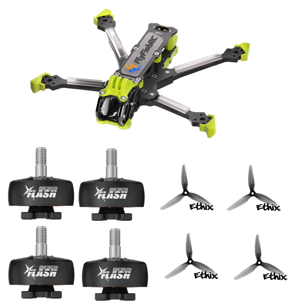 FlyFishRC Volador VD5 V2 O4 Pro Frame Kit Flash 2306 1750KV 2550KV FPV Brushless motor HQProp Ethix S5 (2CW+2CCW) Bundle Kit