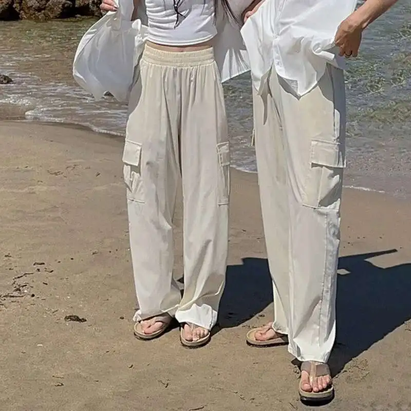 Pantaloni cargo da uomo in vita elastica tinta unita tasca grande laterale abbigliamento da uomo casual pantaloni larghi da uomo a gamba larga Cleanfit P020