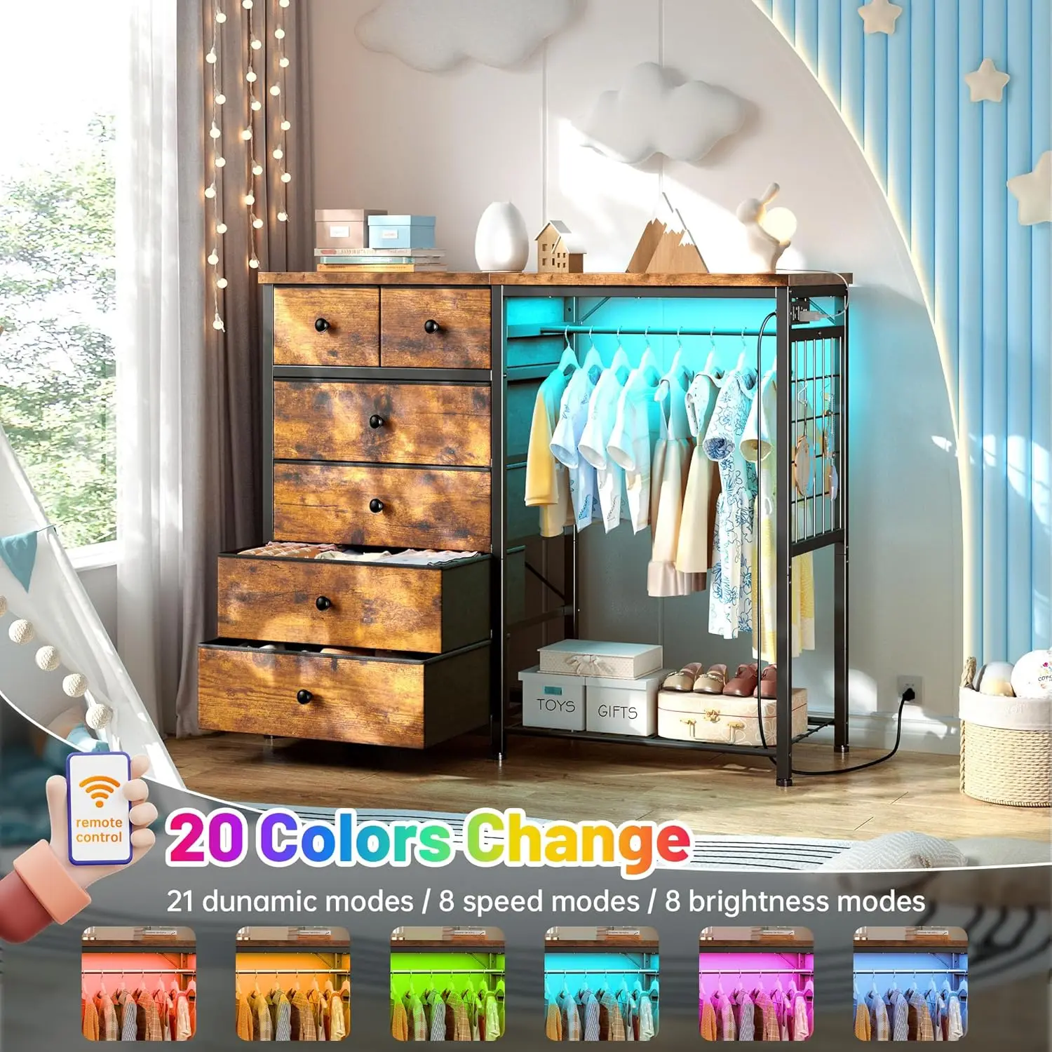 49.2" W Dresser with Hanging Rack & 6 Fabric Drawers – Wooden Top Organize Unit Featuring LED Lights, Charging Station & Grid Pa