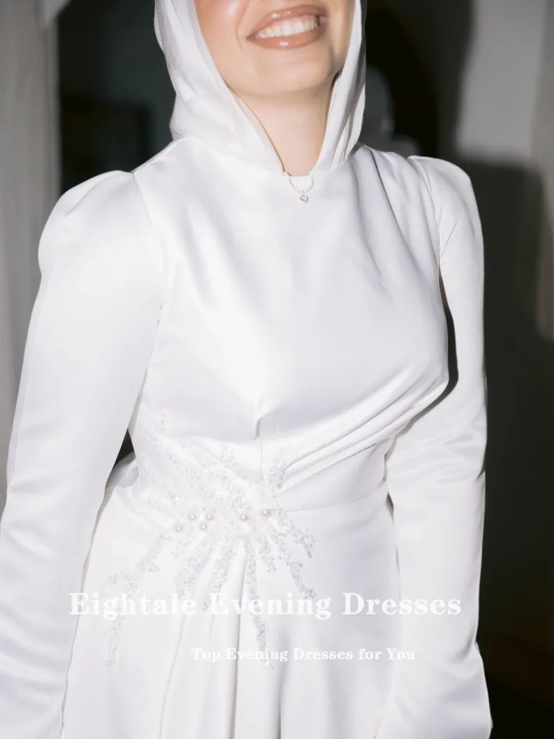 Vestido de novia árabe de Eightale, vestido de novia personalizado de color marfil con cuello redondo y apliques, vestido de novia musulmán hasta el té, vestido de fiesta de novia