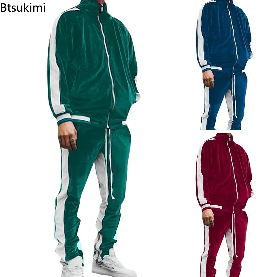 2024 Vintage Velvet Sets Men\'s Fashion Splice Stand Collar Zipper Tops and Sport Pants Two Piece Set Men Casual Tracksuit Outfit