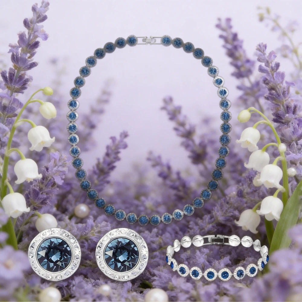 

2025 Trendy Jewelry Jewelry Crystal Necklace Earring Bracelet Three Piece Set Ocean Heart Color Matching Dinner Preferred