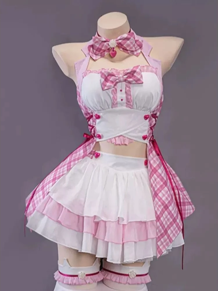 2026 Kawaii Anime Cat Girl Cosplay 2 Piece Set Women Sexy Bow Plaid Lace Ruffle Ruched Waist Halter Top + Mini Slim Fit Skirt