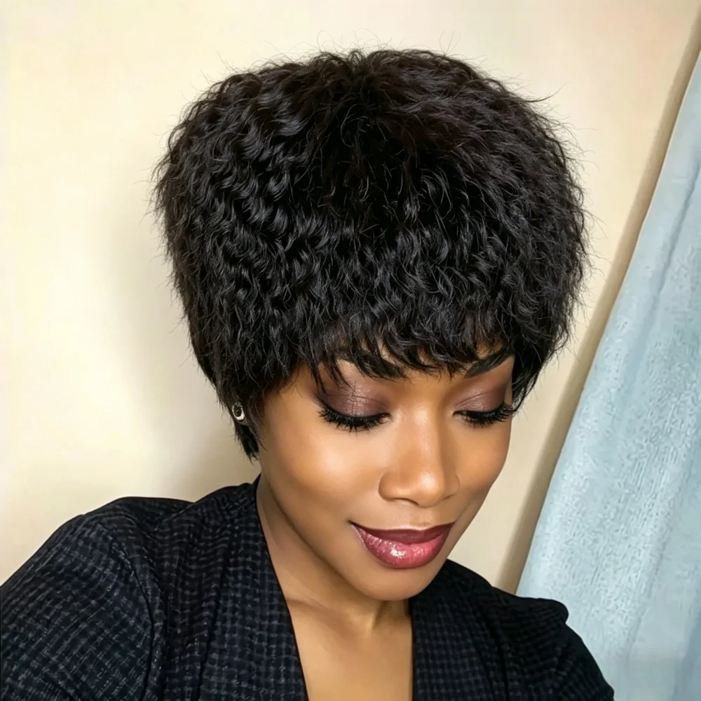 

Brazilian Human Hair Wig Pixie Cut Yaki Straight with Bangs for Women Layered Machine-Made Full Wig