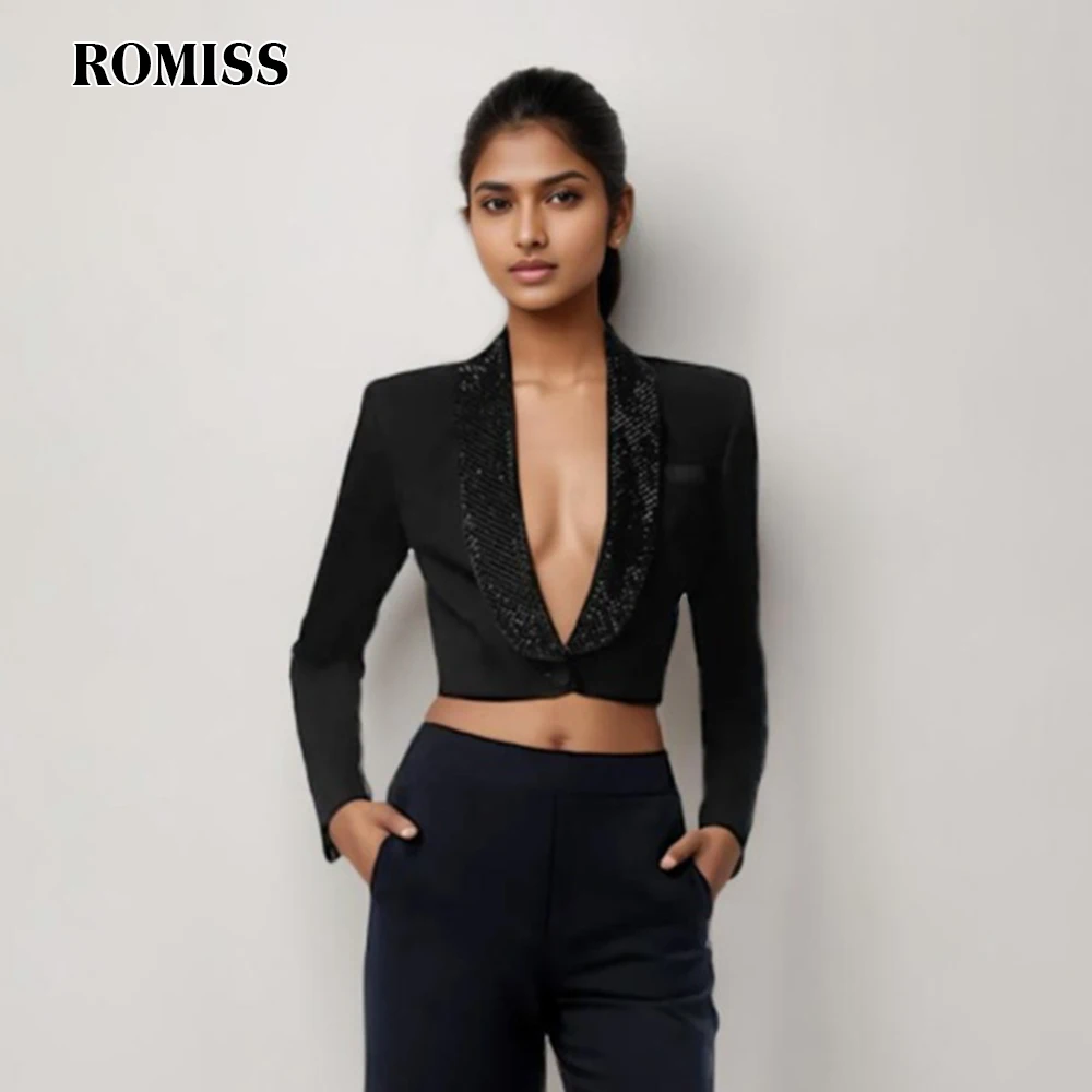 ROMISS European and American fashion sexy women's small suit 2024 spring new product V tie diamond backless short long sleeved j