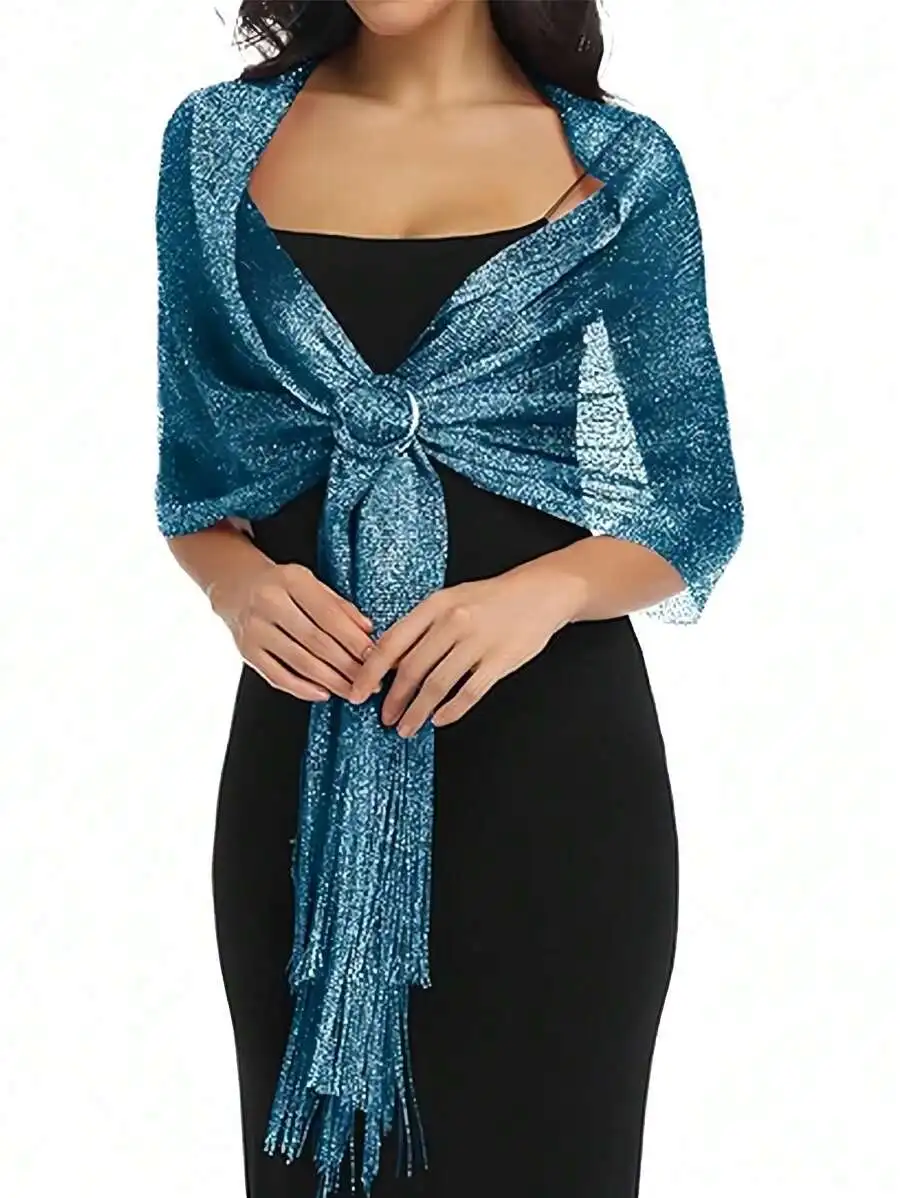 1pc Shiny Gold Thread Flat Scarf With Buckle, Perfect For Brides, Proms, Graduation Parties As Shawl Or Wrap Party