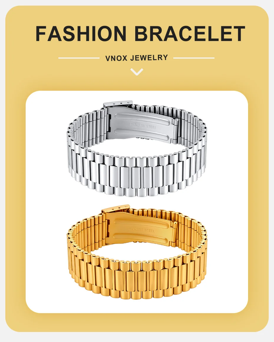 Vnox Herren Edelstahl-Armband 18mm Breites Gliederarmband Verstellbarer Faltschließe Gold Silber Farbe Armreif Schmuck Geschenk für Ihn – Detail 1
