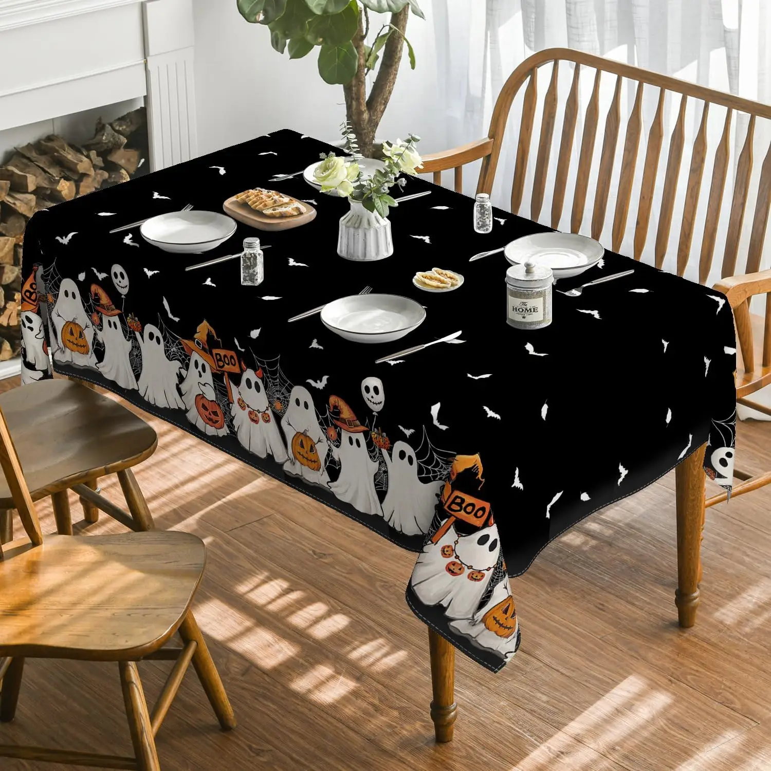 Halloween Bat Ghost Pumpkin Cobweb Rectangle Tablecloth for Table Decor Reusable Kitchen Dining Table Cloth Halloween Decoration