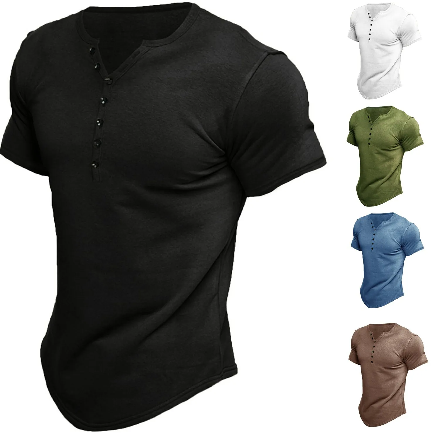 Summer Fashion Mens Black V Collared Short Sleeve T Shirts Man Oversized Solid Color Henry T Shirt For Men Camisetas De Hombre