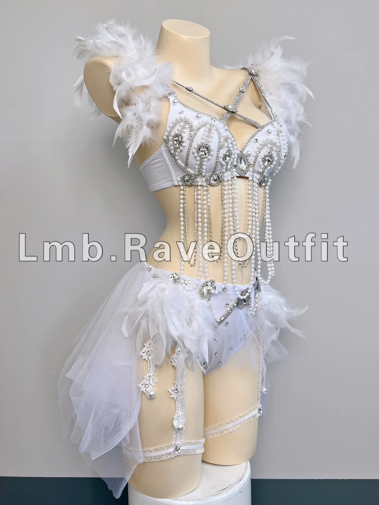 Women DJ Dancer Nightclub Sexy Pole Dance Costume White Feather Beading Bikini Rave Outfit Electric Music Festival Clothing