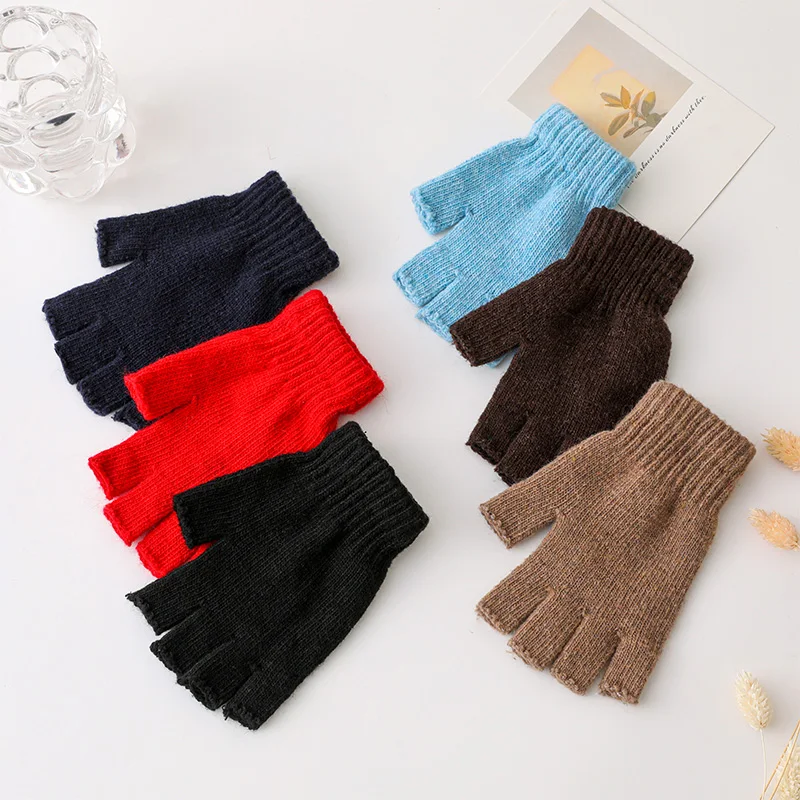 Autumn and Winter Cute Knitted Woolen Warm Half-Finger Touch-Screen Gloves for Men and Women, Suitable for Students Writing