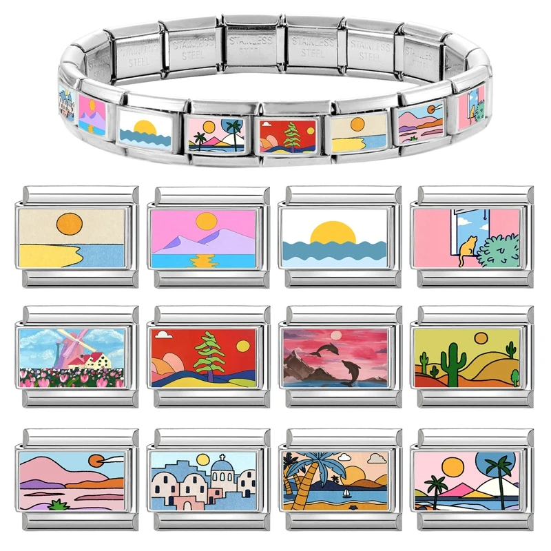 Landscape Sunrise Sunset Seaside Italian Charm Links Fit 9mm Stainless Steel Women Bracelet DIY Jewelry Making Gifts