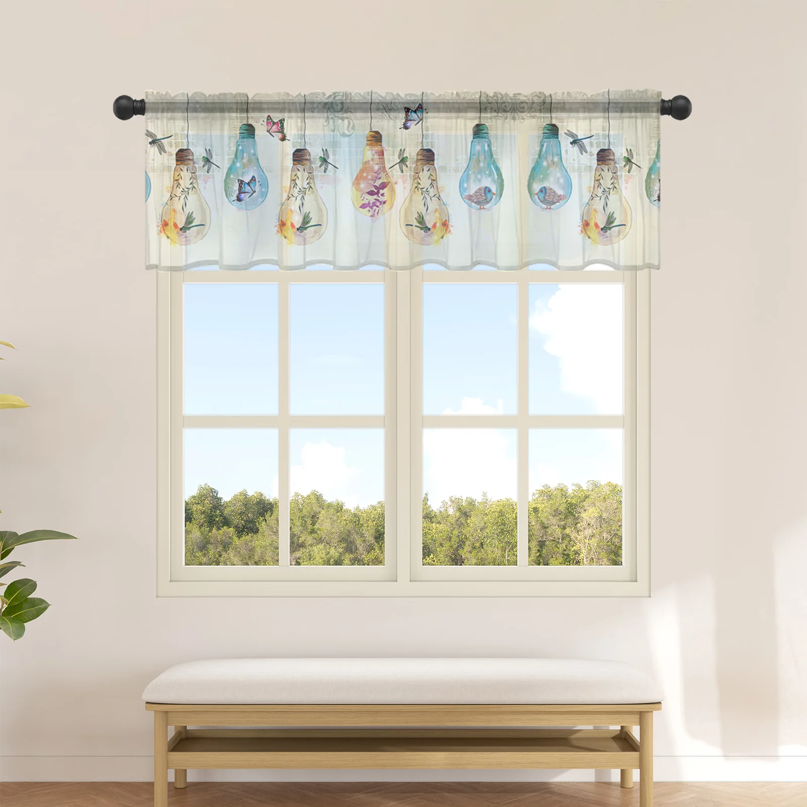 Light Bulb Butterfly Flower Birds Sheer Curtains for Kitchen Cafe Half Short Tulle Curtain Window Valance Home Decor