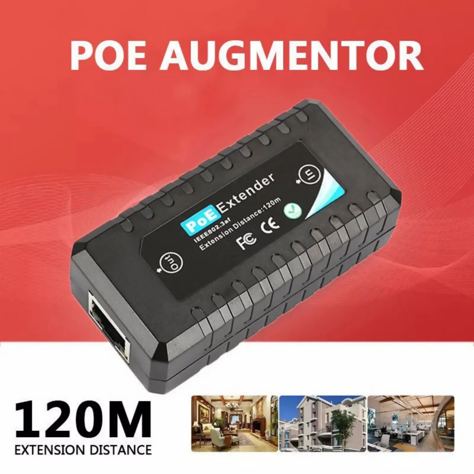 100Mbps POE Extender 1 Port POE Repeater IEEE802.3af/at Standard Ethernet Over Cat5/6 Up to 120M (394ft) Plug and Play